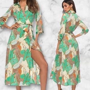 Samlink Animal Print shirt Dress with Green Cream XL multicolor patchwork